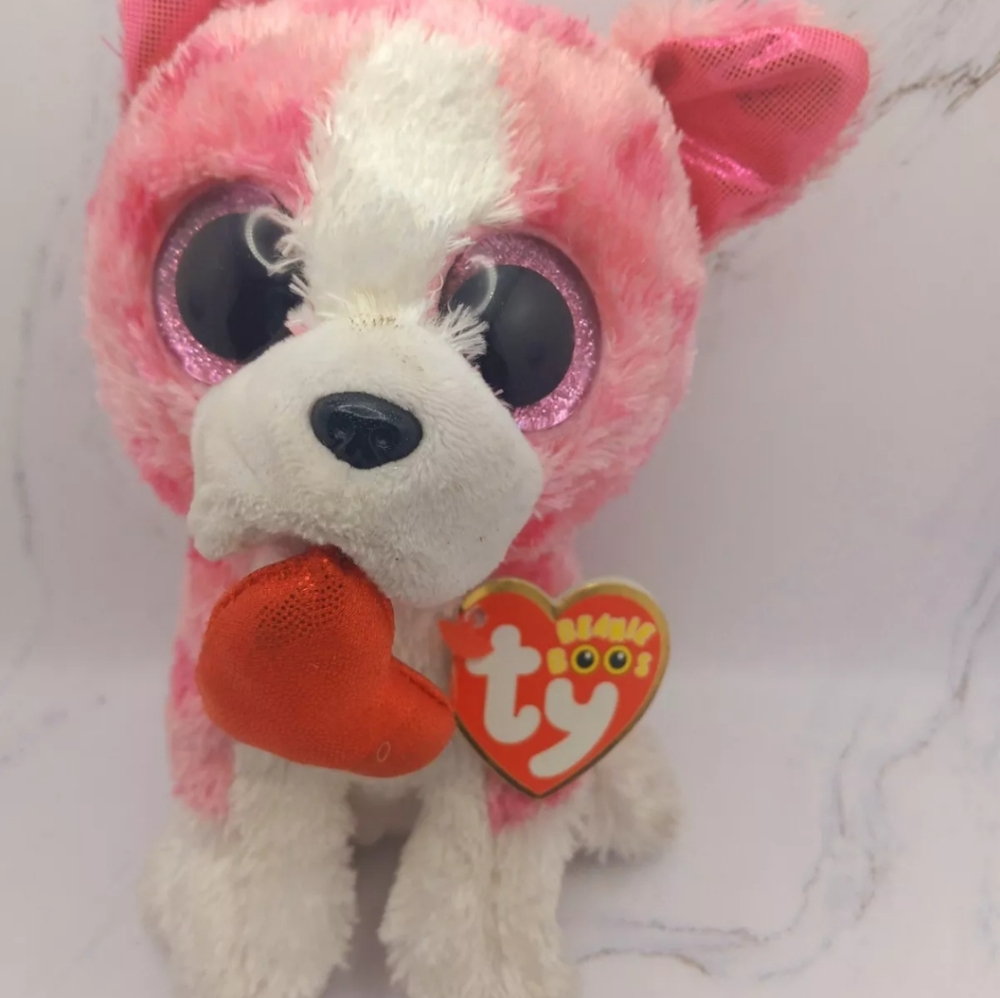 Pink and White Plush Dog with Heart
